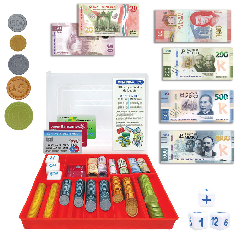 [6052] BANCO MATEMATICO TARJETAS C/90 BILLETES, 240 MONEDAS, 3 TARJETAS CREDITO Y 3 CUBOS
