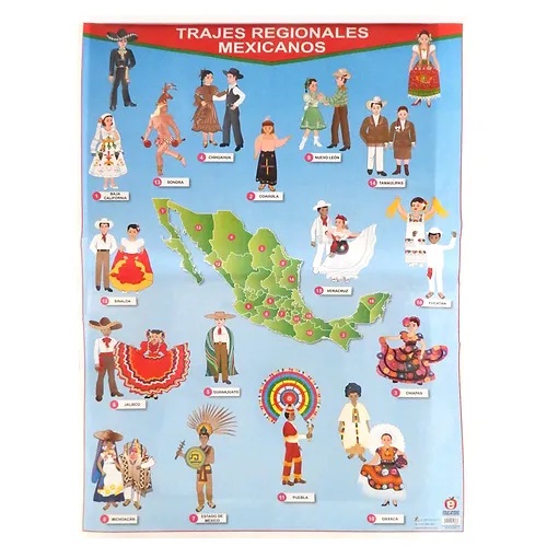 [B-1406-I] POSTER TRAJES REGIONALES MEXICANOS ROJO