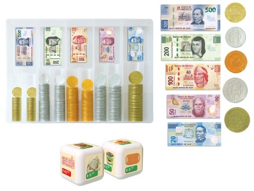 [6055] BANCO MATEMATICO C/75 BILLETES, 260 MONEDAS Y 4 CUBOS